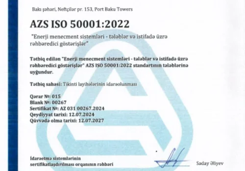 PMD Projects ISO 50001 Enerji İdarəetmə Sistemi sertifikatını əldə edib